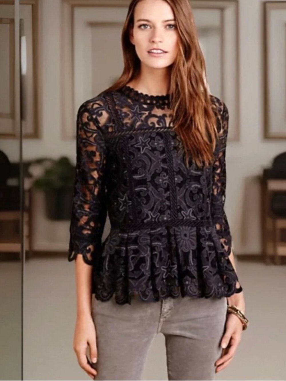 HD in Paris Anthropologie Lace Blouse 16 Black Floral Peplum 3/4 Sleeve